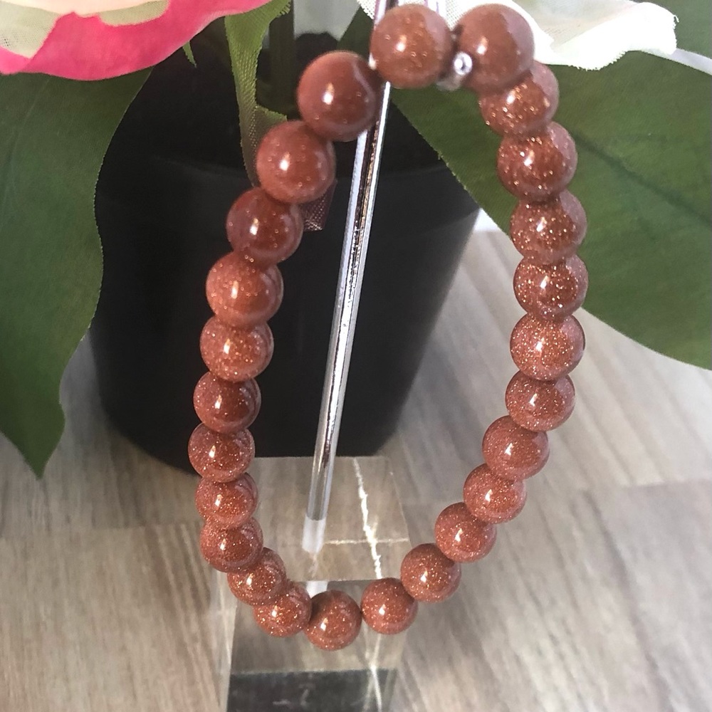 Gold Sandstone Natural Stone Beads Stretchable Bracelet 7" - 8mm Beads Best gift